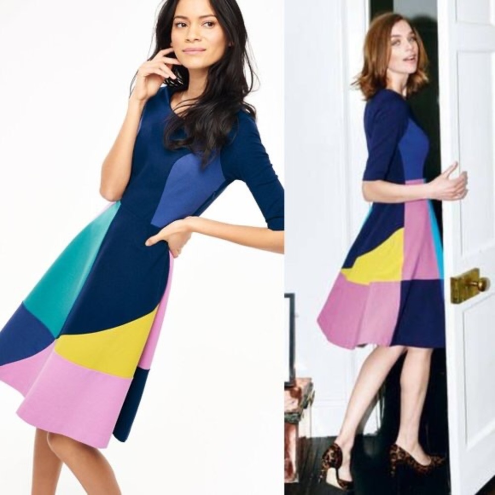 Boden Navy Pink Yellow Aquamarine 3/4 Sleeve Scoop neck A-line dress 6 regular